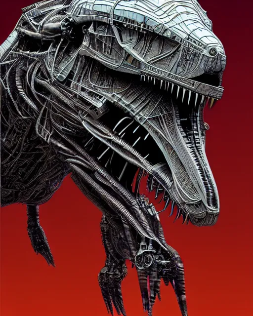 Image similar to mechanical robot trex transformer dinosaur head, bold line symmetrical illustration by peter gric, hr giger, kim jung gi, joe fenton, scifi, screen print, art station, zbrush, sharp, high contrast, ultrafine hyper detailed,