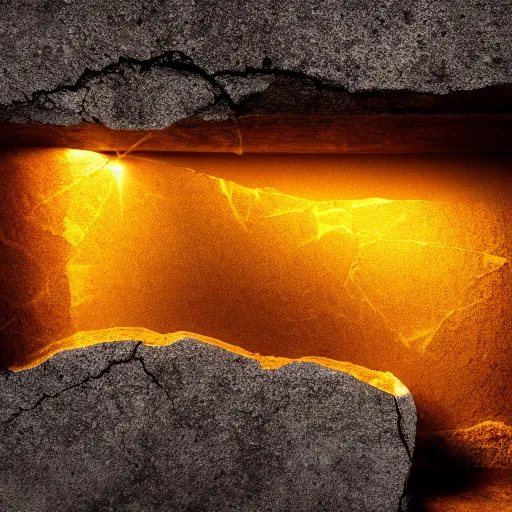 Image similar to photograph of a cracked stone with warm yellow light streaming out of the crack, fantasy, magical, mysterious, cinematic lighting, enhanced, rim lighting, studio photo, hd, 8k