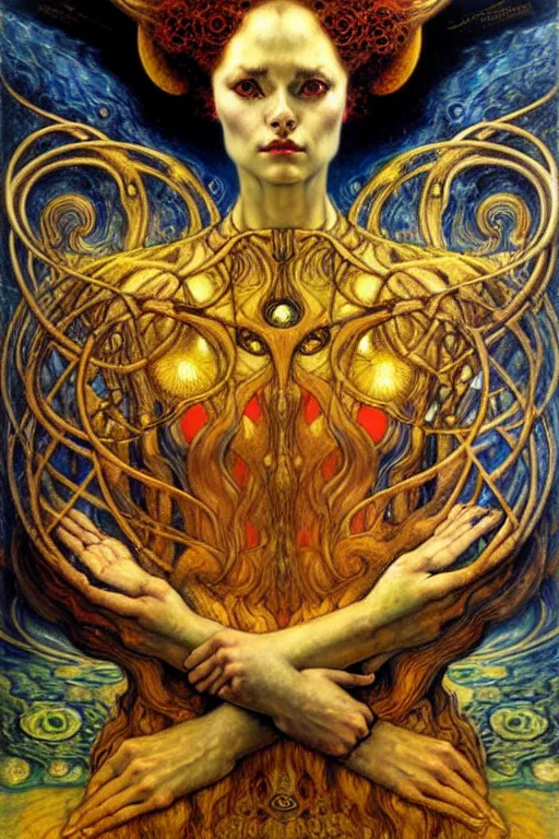 Image similar to Divine Chaos Engine by Karol Bak, Jean Delville, William Blake, Gustav Klimt, and Vincent Van Gogh, symbolist, visionary