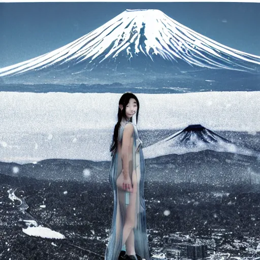 Image similar to a instax photo of fuji mountain, a tall japanese girl in a transparent sheer fabric dress against the background of fuji mountain, severe snow, full body shot, perfect symmetrical body, perfect symmetrical face, coherent symmetrical eyes, hyperrealistic, hyperdetailed, octane render, 8 k