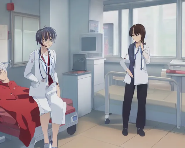 Image similar to a cute young female doctor wearing white coat are talking to a women in red shirt in a hospital, silver hair, slice of life anime, lighting, anime scenery by Makoto shinkai