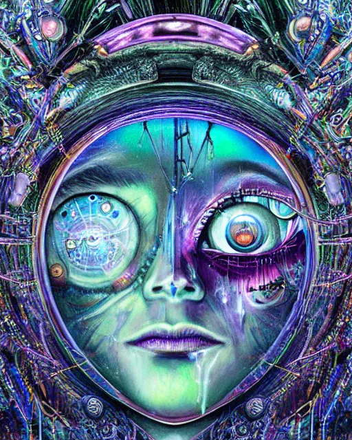 Prompt: silver cybernetic crystalized bloody fleshangel clockwork djinnhost bro psychedelic shiner of zune with extra eyes, blue and green rainbow ketamine, by antonio j. manzanedo, alex grey, android jones, wayne barlowe, philippe druillet, josephine wall, harumi hironaka, cronenburg, trending on artstation