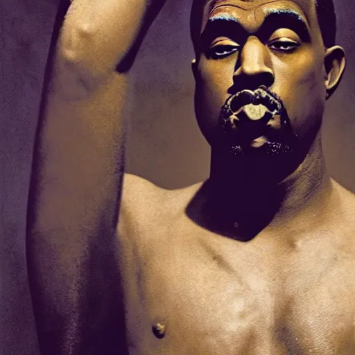 Prompt: surrealist epic photoreal portrait of kayne west as god by dali, arms outstretched, 4 k