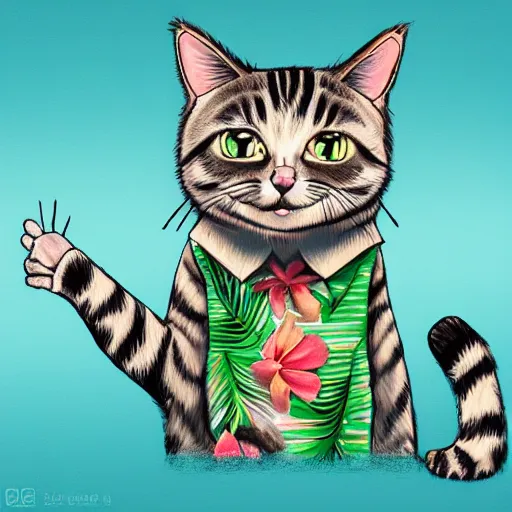 Image similar to a cat wearing a hawaii shirt, digital art, trending on artstation