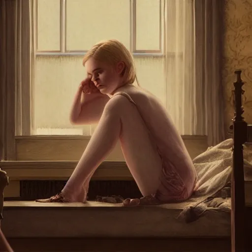 Prompt: Elle Fanning in a dark room, artstation, by Norman Rockwell, Extremely detailed. 4K. Award winning.