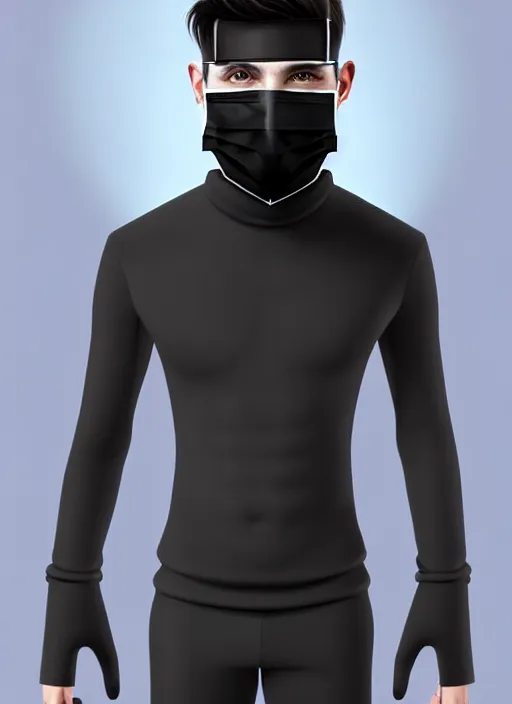 Image similar to handsome young man with black medical mask, half body shot, path traced, highly detailed, high quality, digital painting, by daniel sprick