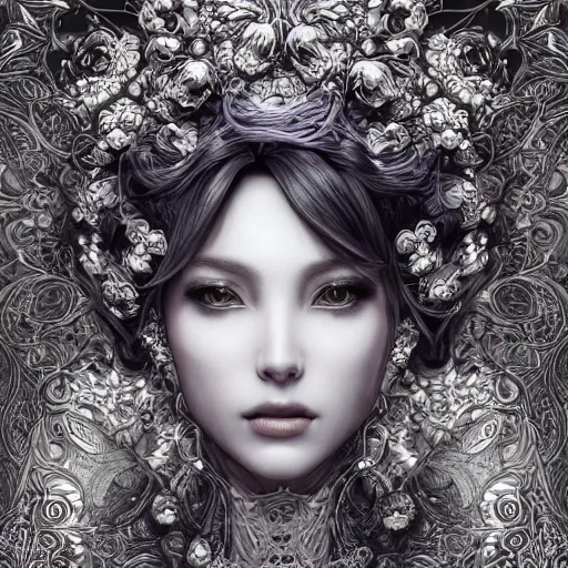 Image similar to the face of an absurdly beautiful, graceful, elegant, sophisticated woman made of blueberries and blackberries, an ultrafine hyperdetailed illustration by kim jung gi, irakli nadar, intricate linework, bright colors, octopath traveler, final fantasy, unreal engine 5 highly rendered, global illumination, radiant light, detailed and intricate environment