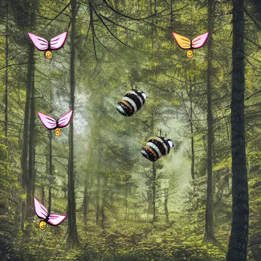 Prompt: flying bees wearing sunglasses in forest landscape, photo realistic