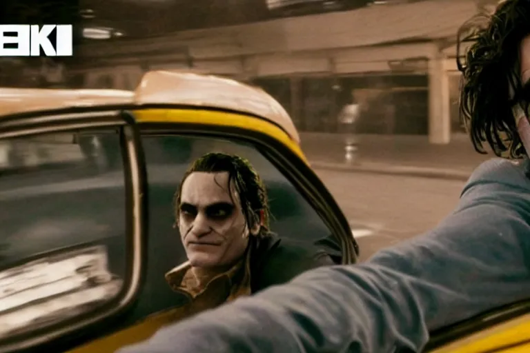 Prompt: Joaquin Phoenix as The Joker riding in a yellow cab driven by Travis Bickle 4k