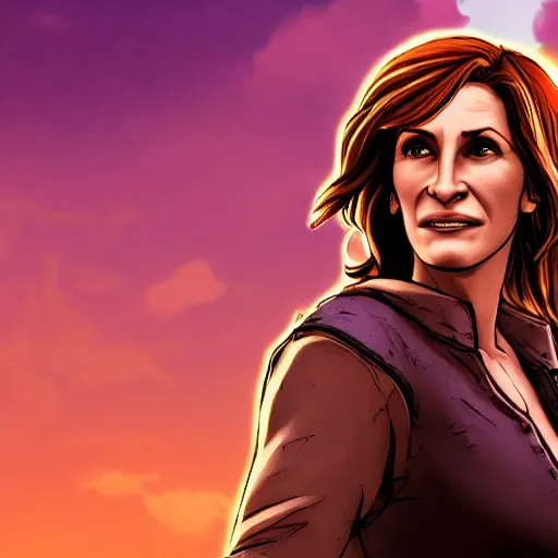 Image similar to julia roberts portrait, borderlands, tales from the borderlands, the wolf among us, comic, cinematic lighting, studio quality, 8 k