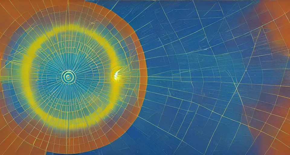 Prompt: hexagonal solar sail between the sun and earth, art deco painting