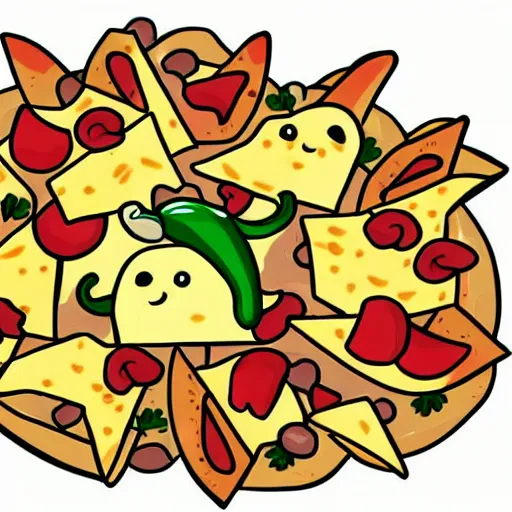 Image similar to cute adobe illustration nachos with cheese and jalapeno illustrations, white background, drawing, cartoon, in the style of shyama golden