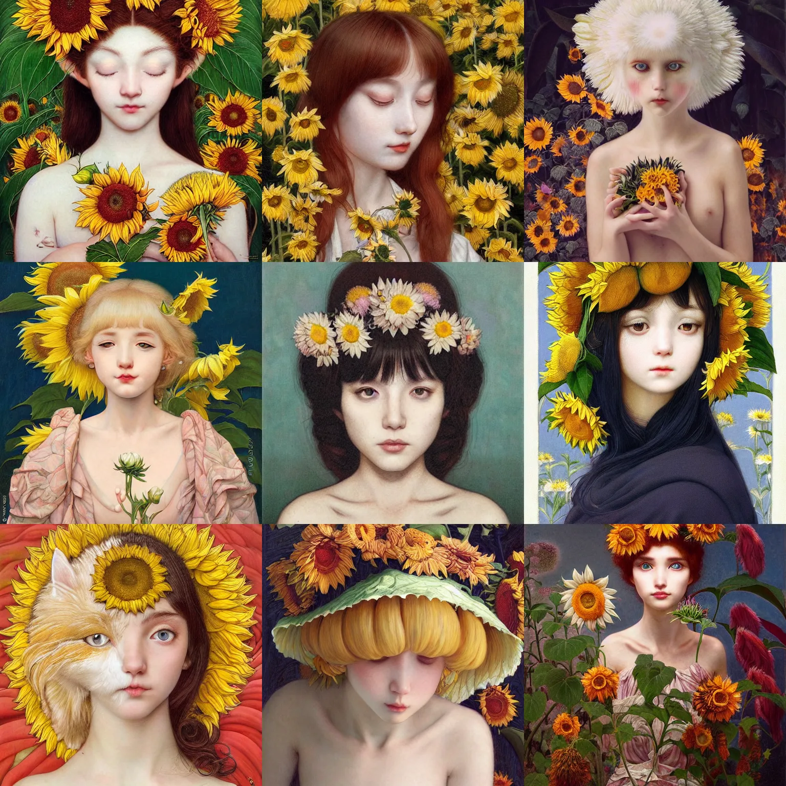 Image similar to white cat girl, botanical, sunflower, portrait face, colorful, frantisek kupka, intricate, miles johnston, kuroda seiki, cynical realism, ozabu, john william godward, painterly, yoshitaka amano, moebius, miles johnston, louise zhang, james jean, mark ryden lowbrow pop surrealism art style