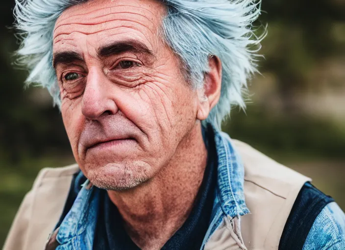 Image similar to portrait photo still of real life rick sanchez, 8 k, 8 5 mm, f. 1 4