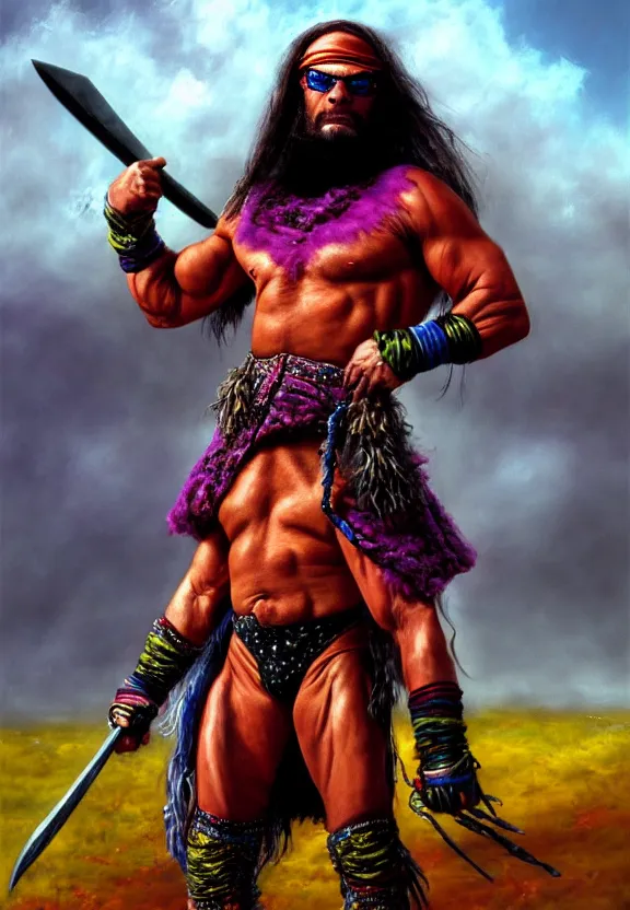 Image similar to a solitary macho man randy savage wearing a colourful heavy cloak alone full body rocky desolate wasteland | portrait | fantasy impressionist oil painting | matte painting | matte drawing | middle earth | pathfinder | featured on artstation deviant art | sword and sorcery | pintrest | conan | darksun | d & d dungeons and dragons | barbarian