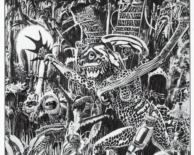 Image similar to surreal b & w nightmarish garden las pozas, mayan jaguar warrior, ink by frank miller and jose guadalupe posada, cut out collage, science fiction fanzine 1 9 6 7