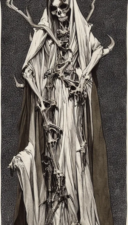 Image similar to cloaked demon woman muted fall colors, robes veil, exposed bones, horns palace on a throne of bones lithograph, engraving, etching, printmaking, exposed bones, occult, tarot, octane render ,caravaggio alphonse mucha, long boney limbs