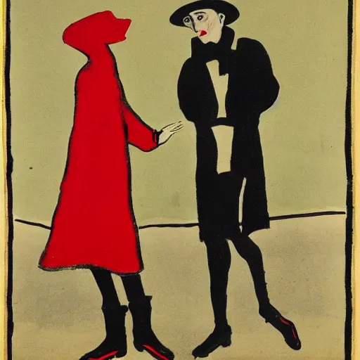 Image similar to A thin man in a black coat and bowler hat talks with girl who is dressed in a red coat and a red hat, Berlin park, autumn, 1923, in the style of Oskar Kokoschka, high detail, width 768