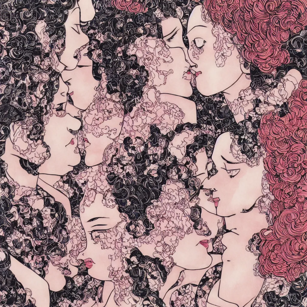 Prompt: close - up of two women made of patterns kissing each other, manga art by araki, jojo's bizarre adventure key visual