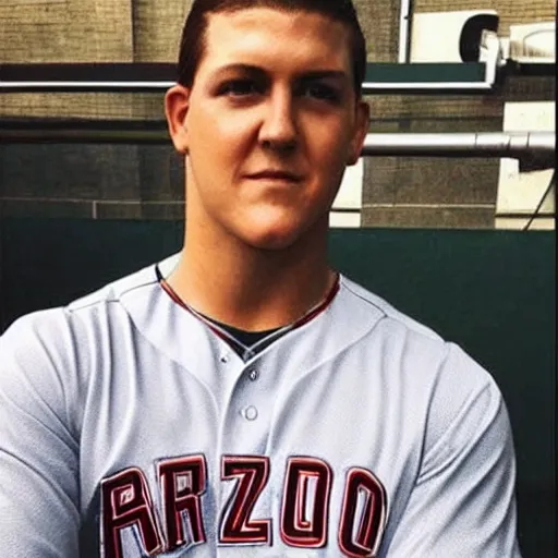 Image similar to “a realistic detailed photo of a guy who is an attractive humanoid who is half robot and half humanoid, who is a male android, baseball player Anthony Rizzo, shiny skin, posing like a statue, blank stare”