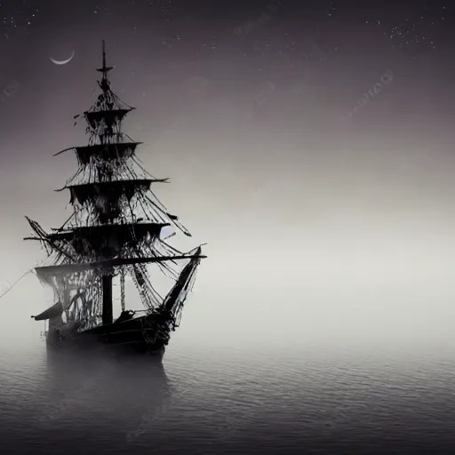 Image similar to an ornate pirate ship sailing out of thick fog on a moonlit night, 4 k, ultra realistic photo