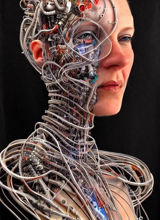 Prompt: biopunk cyborg portrait by julie bell, intricate biopunk patterns, glass tubing, detailed!, very sharp!!!