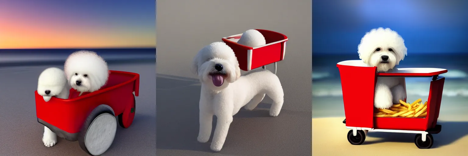 Prompt: a photorealistic photograph of a smiling white Bichon Frisé puppy riding in a little red wagon overflowing with french fries during sunset at the beach Trending on Artstation, featured on Behance, well-rendered, Unreal Engine, 4K HD