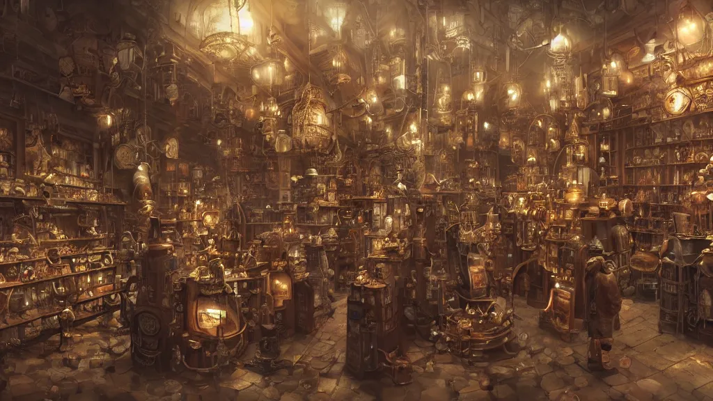 Prompt: A highly detailed image of a steampunk store, by Danar Worya, by Greg Rutkowski, by artgerm, by beeple, with ultra detailed displays of weapons and clockwork machinations densely packed on shelves, volumetric lighting, 4k resolution, octane render, trending on artstation