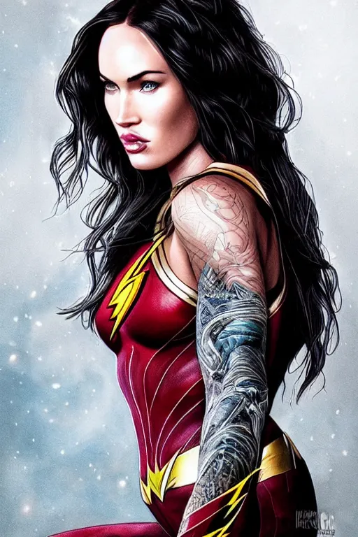 Image similar to Majestic and regal portrait of Megan Fox female The Flash, DC universe, Perfect face, beautiful, intricate, epic, elegant, menacing, fantasy, highly detailed, digital painting, hard focus, beautiful volumetric lighting, epic light, ultra detailed, by Leesha Hannigan, Ross Tran, Thierry Doizon, Kai Carpenter, Ignacio Fernández Ríos