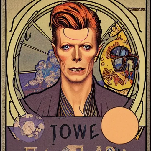 Image similar to david bowie as thomas newton the man who fell to earth, mucha style, art nouveau,