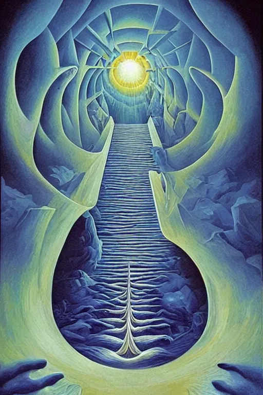 Image similar to staircase towards a otherworldly entrance into another universe, majestic occult gates, magical weird, strange fantastic, by octavio ocampo