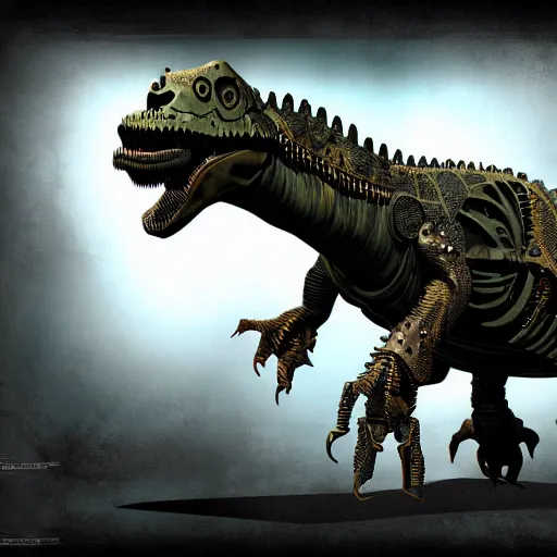 Prompt: a steampunk robotic dinosaur, dark background, super - detailed, photo - realistic,