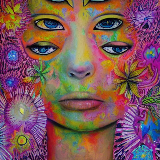 Image similar to a painting of a woman's face surrounded by flowers, a surrealist painting by alice mason, deviantart, psychedelic art, psychedelic, biomorphic, detailed painting