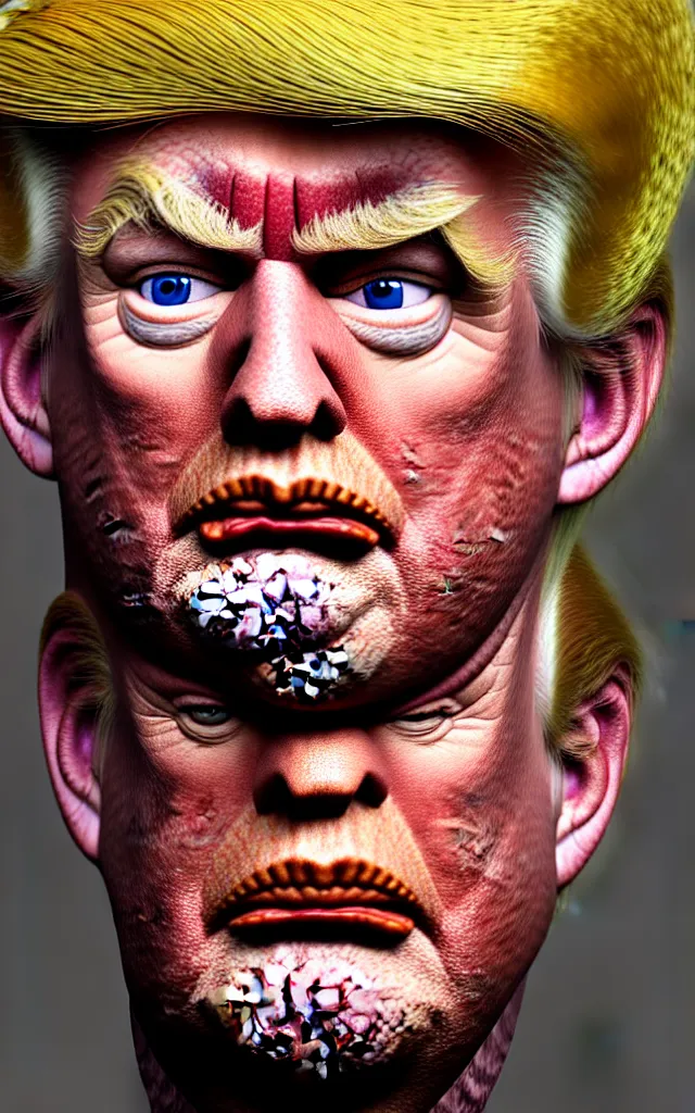 Prompt: hyperrealistic mixed media painting of Donald Trump as a Troll doll, stunning 3d render inspired art by P. Craig Russell and Barry Windsor-Smith + perfect facial symmetry + dim volumetric lighting, head and shoulders, serious expression, 8k octane beautifully detailed render, post-processing, extremely hyperdetailed, intricate, epic composition, grim yet sparkling atmosphere, cinematic lighting + masterpiece, trending on artstation, very detailed, masterpiece, stunning