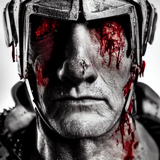 Prompt: headshot of a 5 0 year old soldier vertical grooves on the ridge of his nose, angular eyebrows, blood - spattered glossy sleek white dinged scuffed armor and a long torn red cape, heroic posture, battle - weary, strained expression, determined expression, no helmet, on the surface of mars, dramatic lighting, cinematic, sci - fi, hyperrealistic, detailed