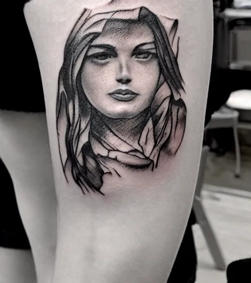 Image similar to tattoo design sketch of a double exposure of a beautiful mountain scenery with a faded beautiful woman face, hyper - realistic, in the style of matteo pasqualin, amazing detail, black and white, faded