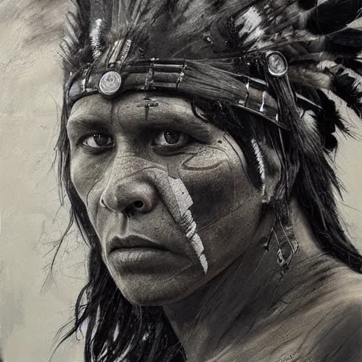 Prompt: A Native American warrior, war paint, realistic, concept art, sharp focus, 8k high definition, insanely detailed, intricate, elegant, art by Guy Denning