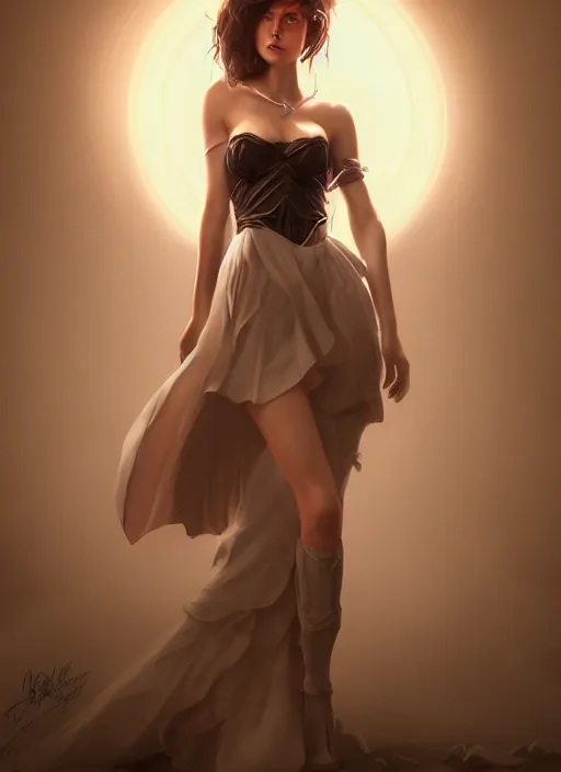 Image similar to beautiful fashion goddness, strapless dress, character portrait in the style of thomas river and artgerm, wlop, cinematic lighting, hyperdetailed, 8 k realistic, symmetrical, global illumination, radiant light, halo, love and mercy, frostbite 3 engine, cryengine, dof, trending on artstation, digital art, chanel