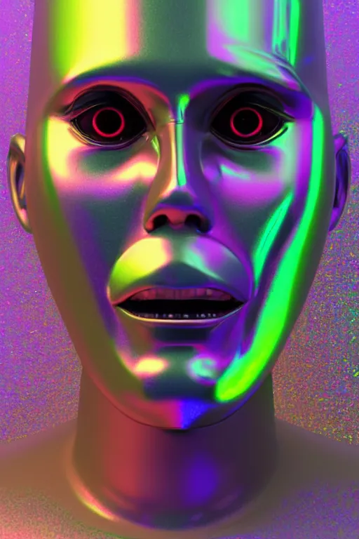 Image similar to 3d render of holographic angry human robotic screaming angry bust made of glossy iridescent, screaming, bust, surrealistic 3d illustration of a human non-binary, non binary model, 3d model human, cryengine, made of holographic texture, holographic material, holographic rainbow, concept of cyborg and artificial intelligence