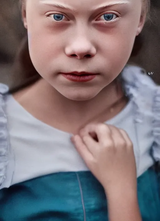 Image similar to closeup portrait of greta thunberg gil elvgren style, depth of field, zeiss lens, detailed, symmetrical, centered, fashion photoshoot, by Annie Leibovitz and Steve McCurry, David Lazar, Jimmy Nelsson, Breathtaking, 8k resolution, extremely detailed, beautiful, establishing shot, artistic, hyperrealistic, beautiful face, octane render