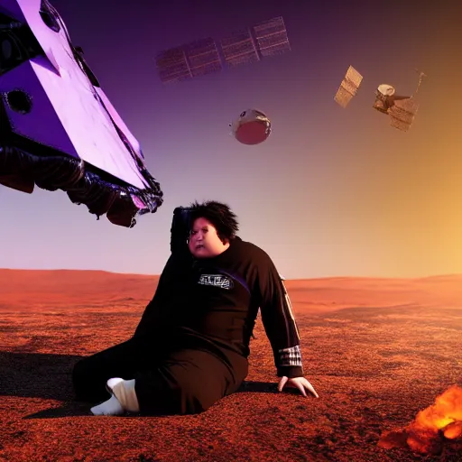 Prompt: photo of an overweight depressed teenager with emo haircut wearing gothy purple and black spandex suit, sitting next to smashed burning spacecraft wreckage, on the orange surface of mars, Trending on artstation, octane render, cinematic lighting, hyper realism, photorealistic, octane render, 8k, depth of field, 3D