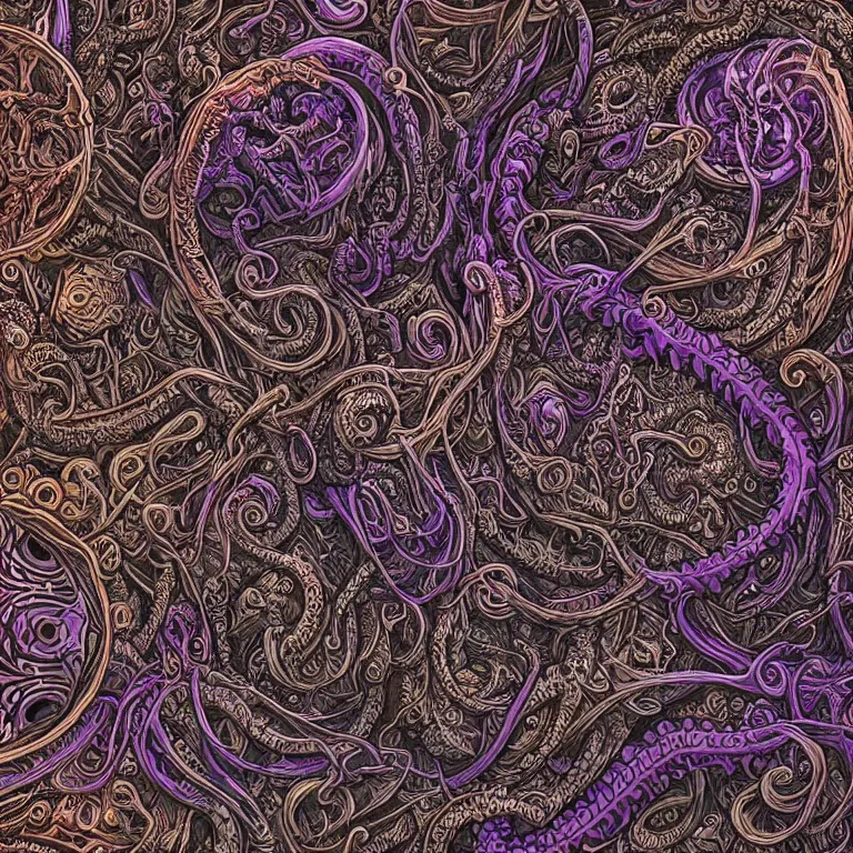 Prompt: a intricate mandala of skulls and flesh and bone with deep and intricate rune carvings and weaving lovecraftian tentacles by dan mumford, space nebula, twirling smoke trails, a twisting vortex of dying galaxies, collapsing stars, digital art, photorealistic, vivid colors, highly detailed, intricate