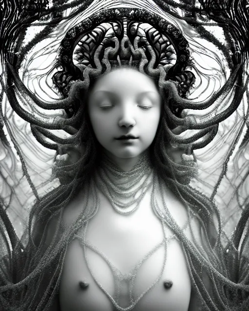 Image similar to surreal mythical dreamy underwater artistic black and white photo of a translucent beautiful young female angelic - medusa - vegetal - doll covered with fish scales, highly detailed, intricate crystal ivy jelly fish scales ornate, poetic, translucent algae ornate, digital art, octane render, 8 k artistic photography, photo - realistic, by dora maar in the style of gustave dore