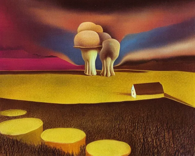 Prompt: A Salvador Dali painting of a small Indiana mushroom farm, Multi Toned, Volumetric Lighting, Dark Sky, Rule of Threes, Award Winning Art