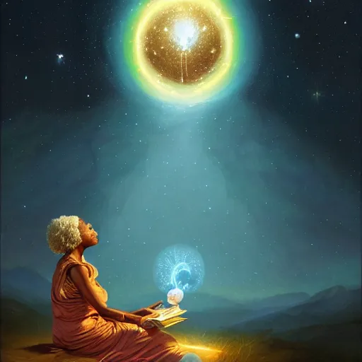 Image similar to an elder african psychic woman reading her crystal ball while holding a book of spells under a meteor shower, greg rutkowski and android jones and amanda sage, oil on canvas, 8k