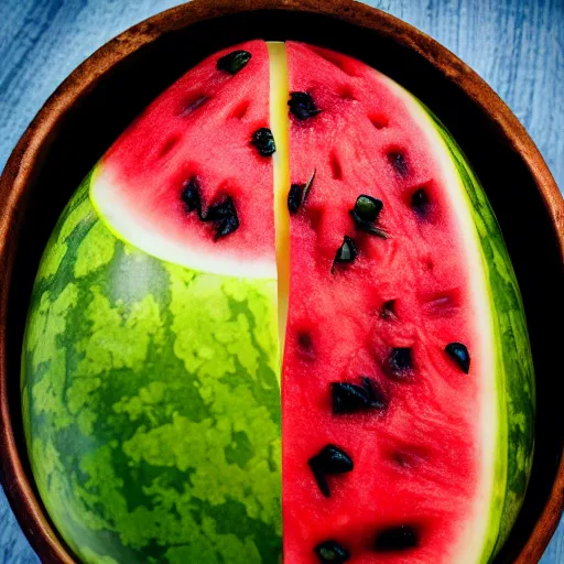 Prompt: a watermelon banana sitting in a bowel, product photography