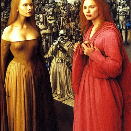 Prompt: portrait of natalie portman and scarlet johansson in star war movie by albrecht durer, jean delville, jan van eyck, da vinci, craig mullins