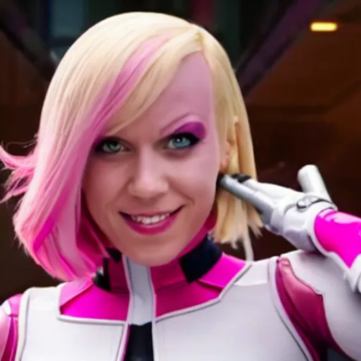 Image similar to A still of Gwenpool in Deadpool 3 (2023), blonde hair with pink highlights, no mask, white and light-pink outfit, smiling and winking at the camera