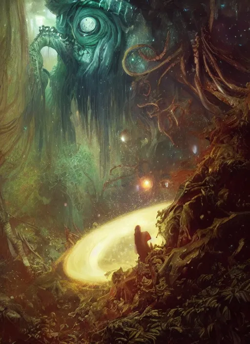 Image similar to my bed is a forest with a giant cthulhu eyes in the night star galaxie by gaston bussiere, anna nikonova aka newmilky, greg rutkowski, yoji shinkawa, yoshitaka amano, moebius, donato giancola, geoffroy thoorens, trending on artstation, featured on pixiv, cinematic composition