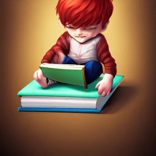 Image similar to diminutive young man sitting on a huge book. The man is two inches tall and redhead. The book is closed, with a green cover. Digital realistic detailed art trending in Artstation.